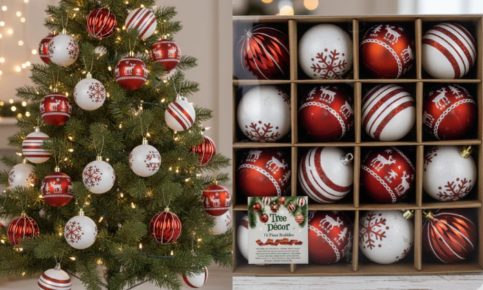 16-Piece Red & White Christmas Tree Baubles