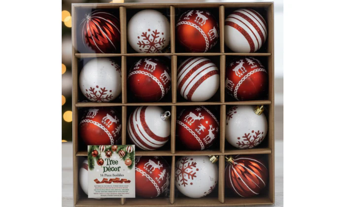 16-Piece Red & White Christmas Tree Baubles - Image 2