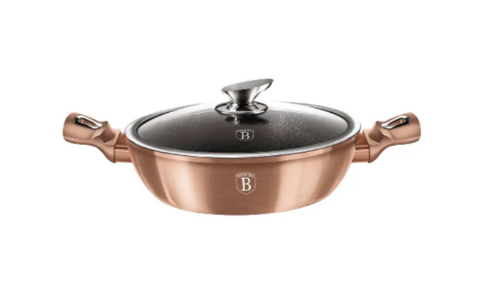 Berlinger Haus 28cm Marble Coating Shallow Pot with Lid - Rose Gold Metallic Line