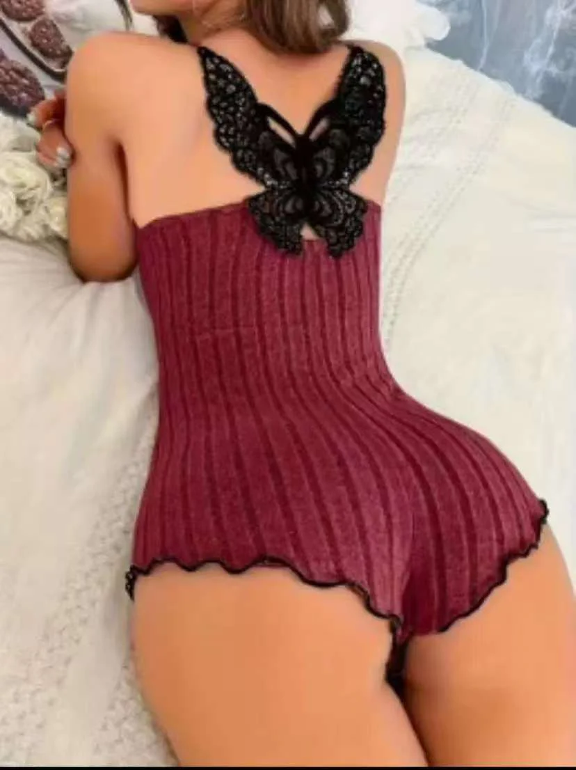 Butterfly Lace Back One-Piece Pajama Set - Image 3