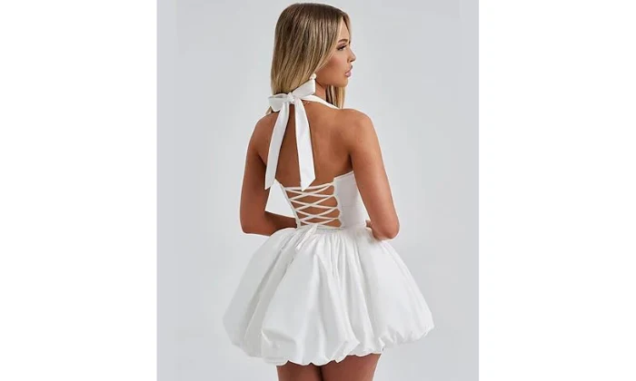 Viral Elegant Backless Pleated Mini Dress – Halter Neck, Puff Hem - Image 2