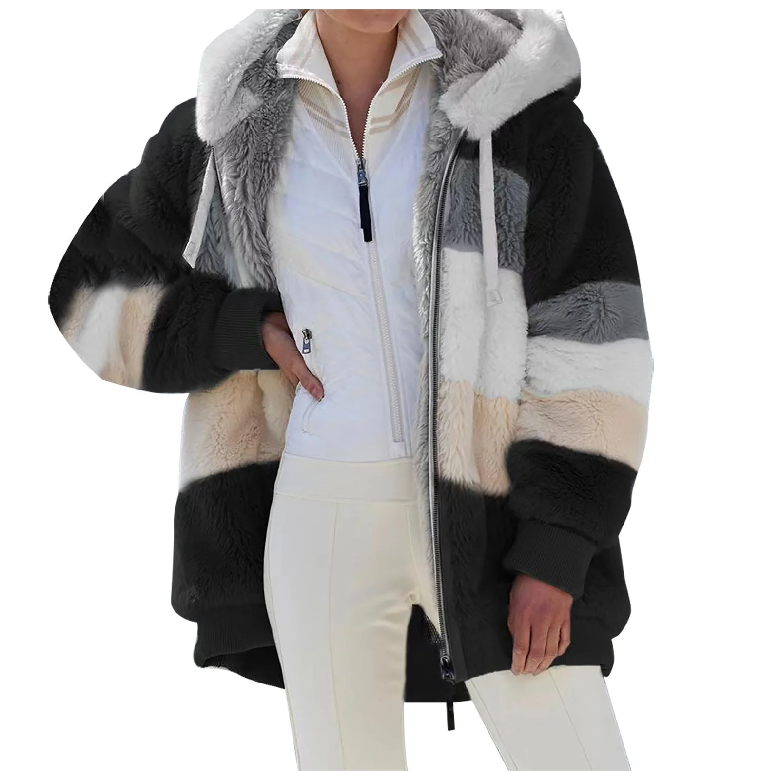 Women's Oversized Fur Zip-Up Hooded Jacket - Image 7