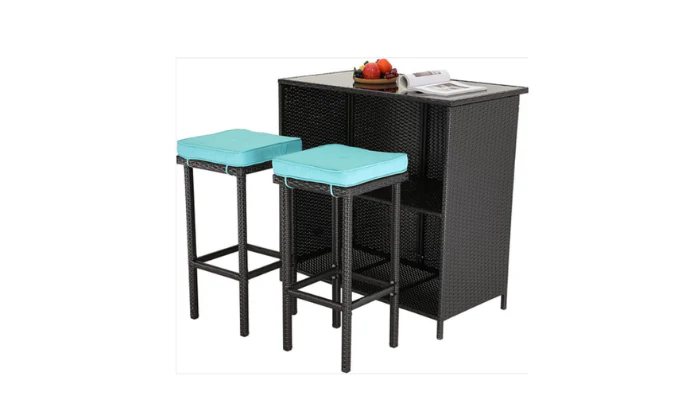 MFurn Cassy 3pc Wicker Outdoor Bar Set with Glass Top & Cushions