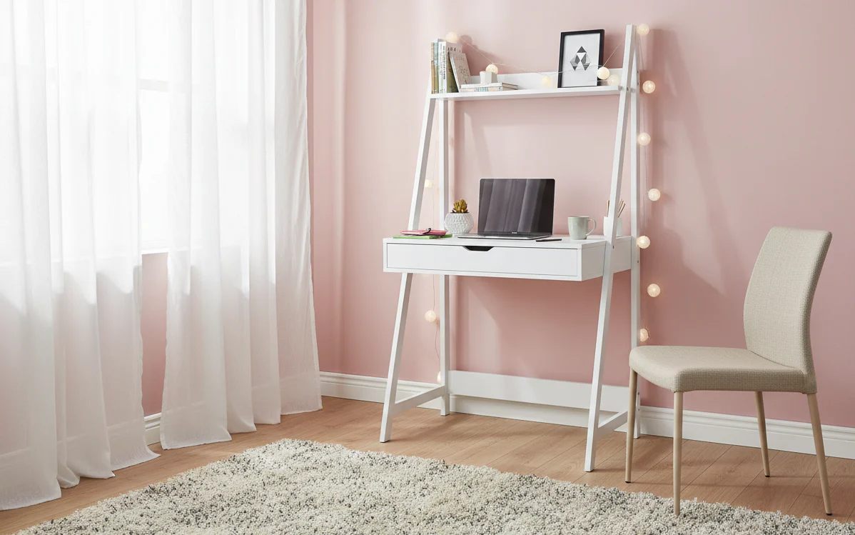 MFurn Modern Ladder Study Desk With Shelf – Wood & White Metal Frame