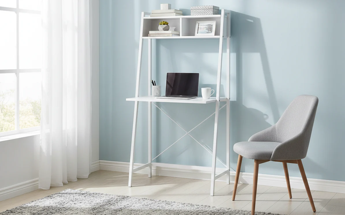 MFurn White Ladder-Style Study Desk with Shelves