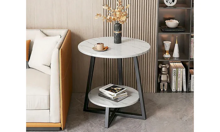 Round Side Table – 2-Tier Marble Texture Coffee Table With Metal Frame & Open Storage