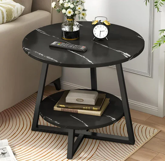 Round Side Table – 2-Tier Marble Texture Coffee Table With Metal Frame & Open Storage - Image 3