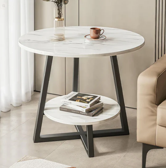 Round Side Table – 2-Tier Marble Texture Coffee Table With Metal Frame & Open Storage - Image 6