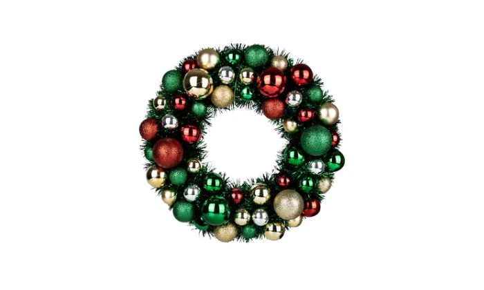Festive Tinsel Christmas Wreath With Baubles (33cm) - Image 2
