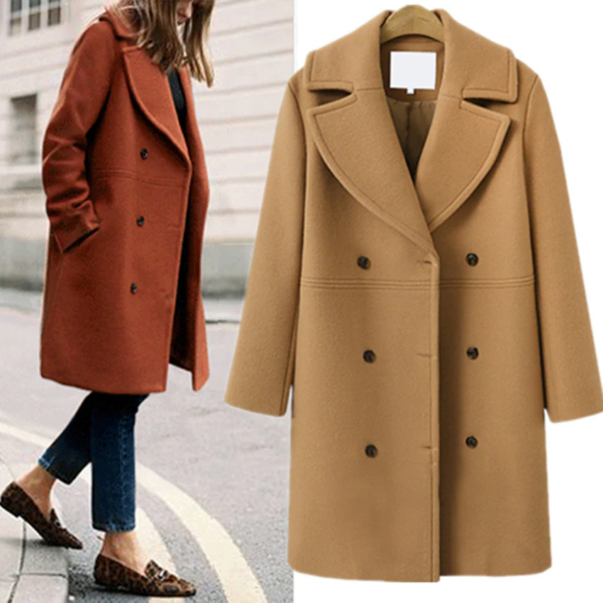 Women's Mid-Length Double-Breasted Woolen Coat - Image 3